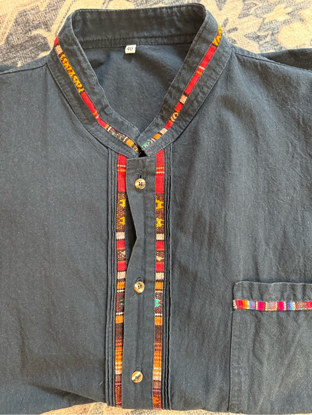 Vintage Men’s Size 46 Navy Short Sleeve Shirt Multicolor Woven Trim Boho Ethnic